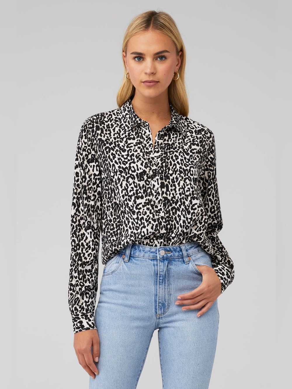 pistola Elle Black & White Leopard Long Sleeve Snap Front Shirt